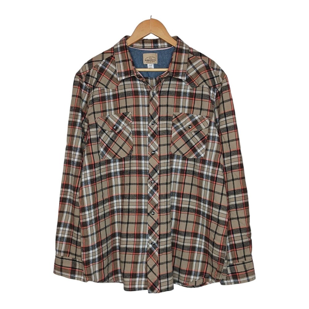 Roebuck & Co Long Sleeve Flannel Shirt Brown Orange Black Plaid Pearl Snap XXL